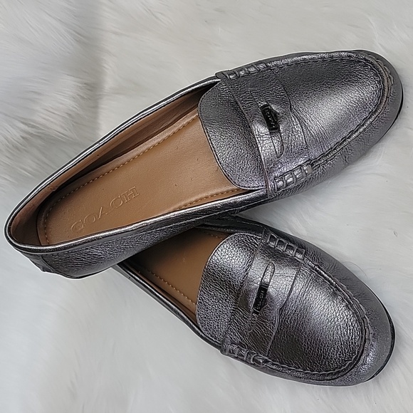 COACH Penny Metallic Gunmetal Pebble Leather Preppy Classic Penny Loafers 9.5 - Picture 1 of 11